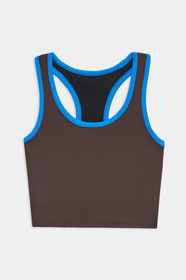 Brown tank top with blue trim on a light gray background