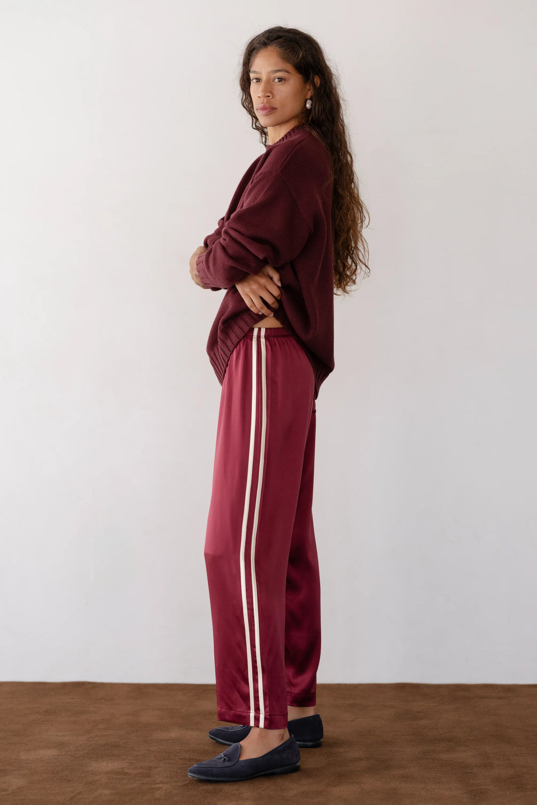 Silk Stripe Crop Pant - Oxblood