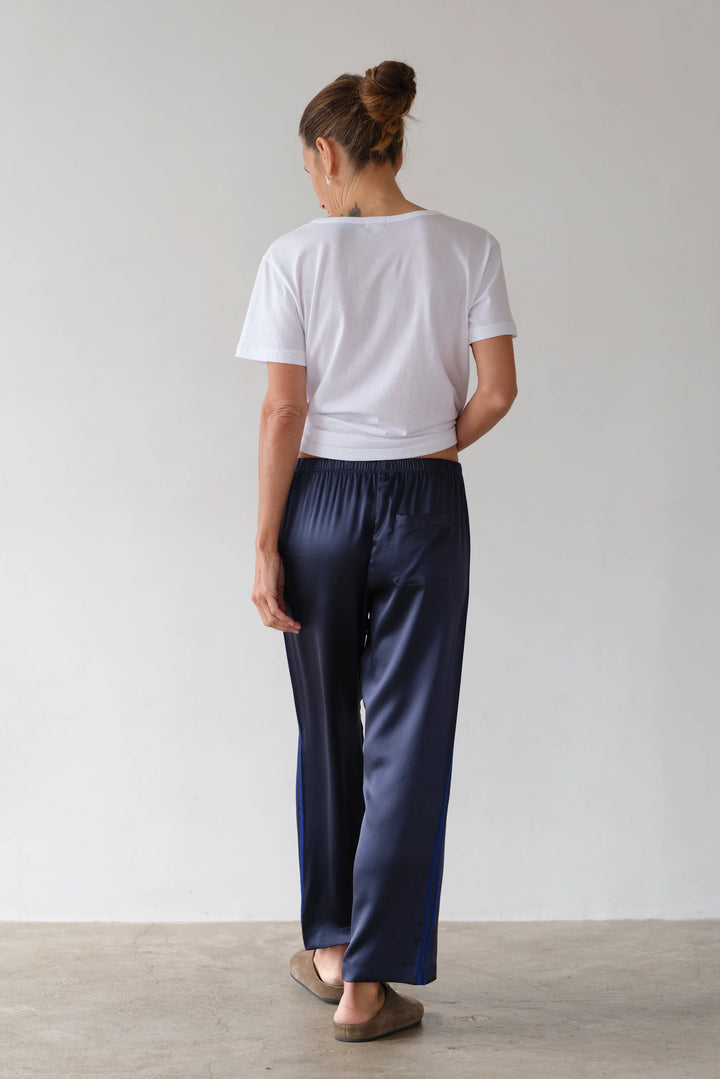 The Silk Stripe Crop Pant - Navy