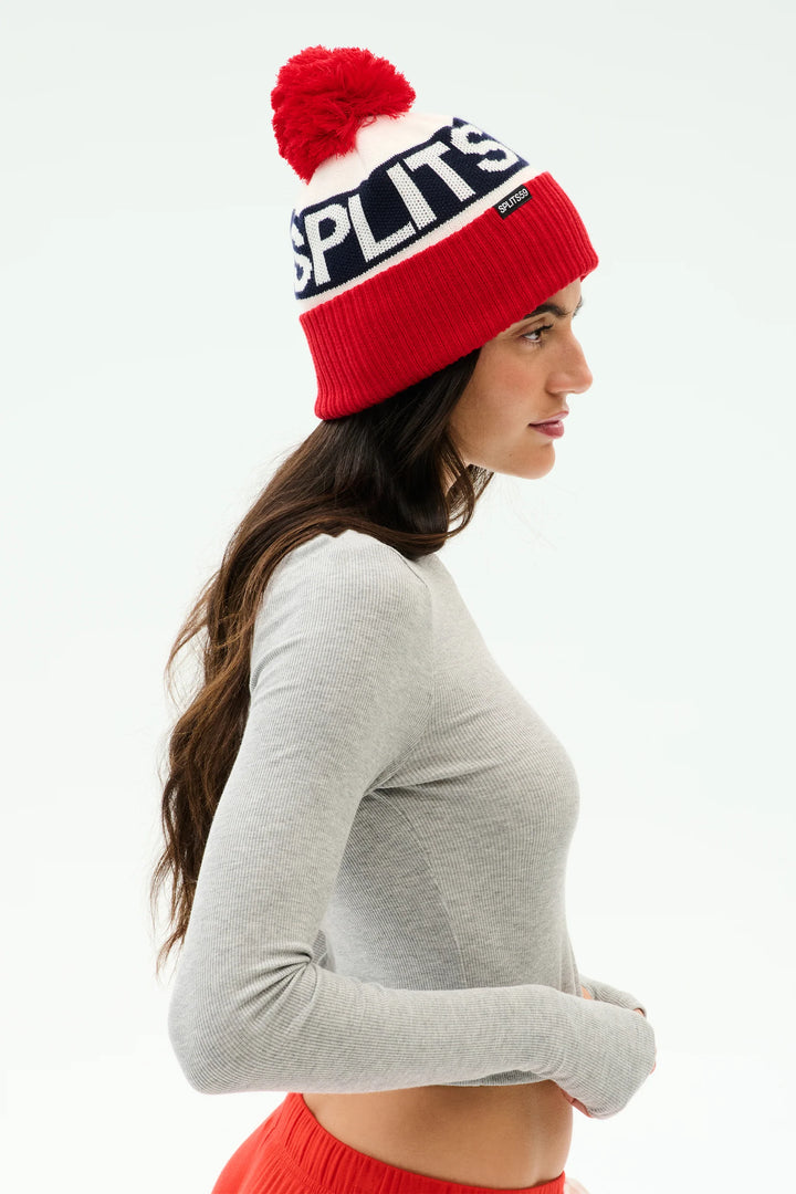 Winter Pom Pom Beanie - Lotus Red/White