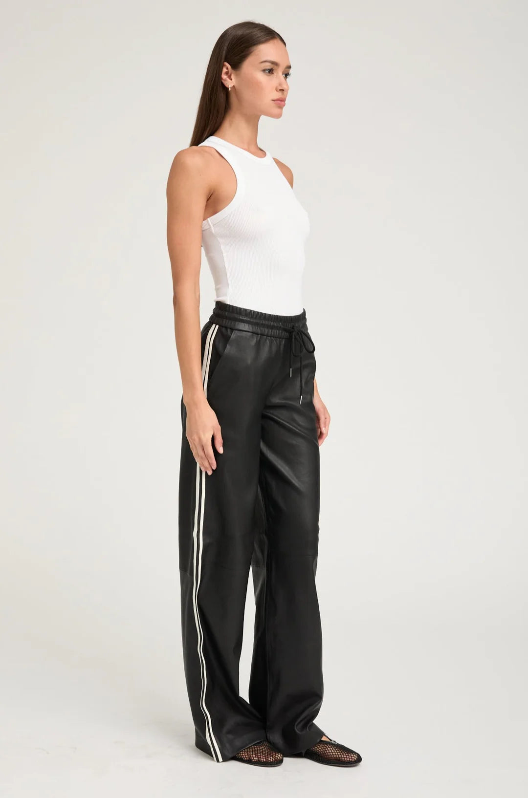 Baggy Leather Athletic Sweatpants - Black/White