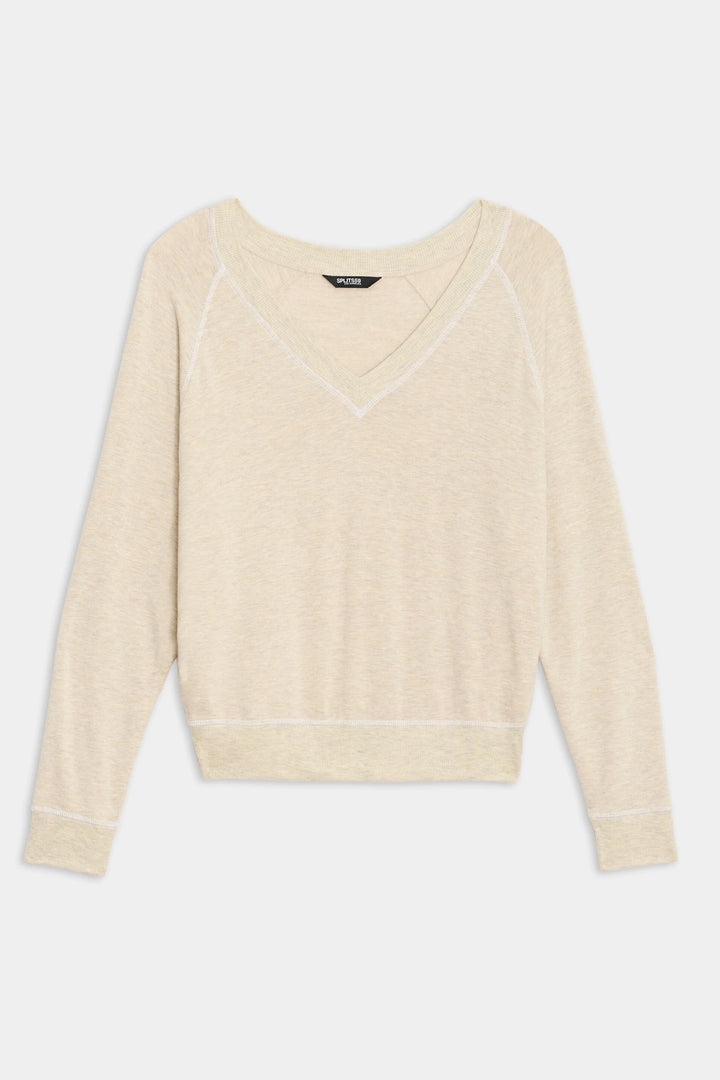 Bennie Fleece V-Neck Sweatshirt - Oatmeal/White