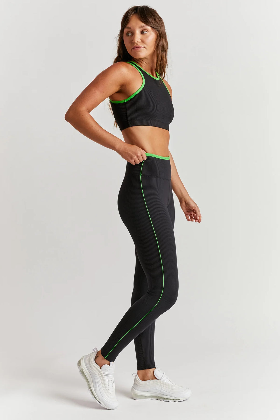 Ribbed Track Legging - Black/Field Green